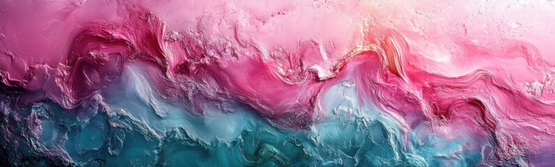 Abstract painting of pink and blue waves on a pink background