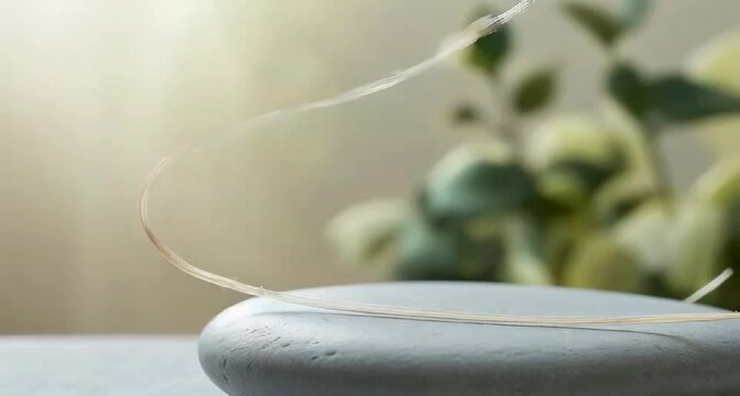 A single, delicate silk thread gently drapes over a smooth, cool stone surface, symbolizing the subtlety and elegance of thread lifting