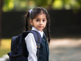 Young Indian schoolgirl in uniform with dark hair and white shirt. Girl wearing blue backpack, hair tied in pigtails. Standing in front of gray wall. Low-angle shot makes her appear larger, prominent.