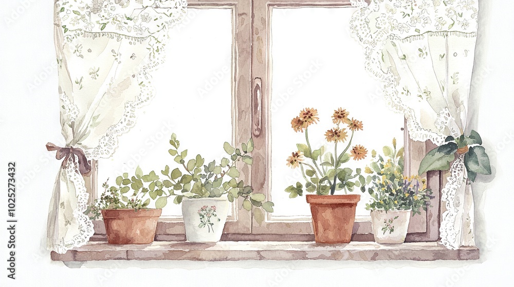 Sticker   Watercolor image of window sill with sunflowers and potted plants