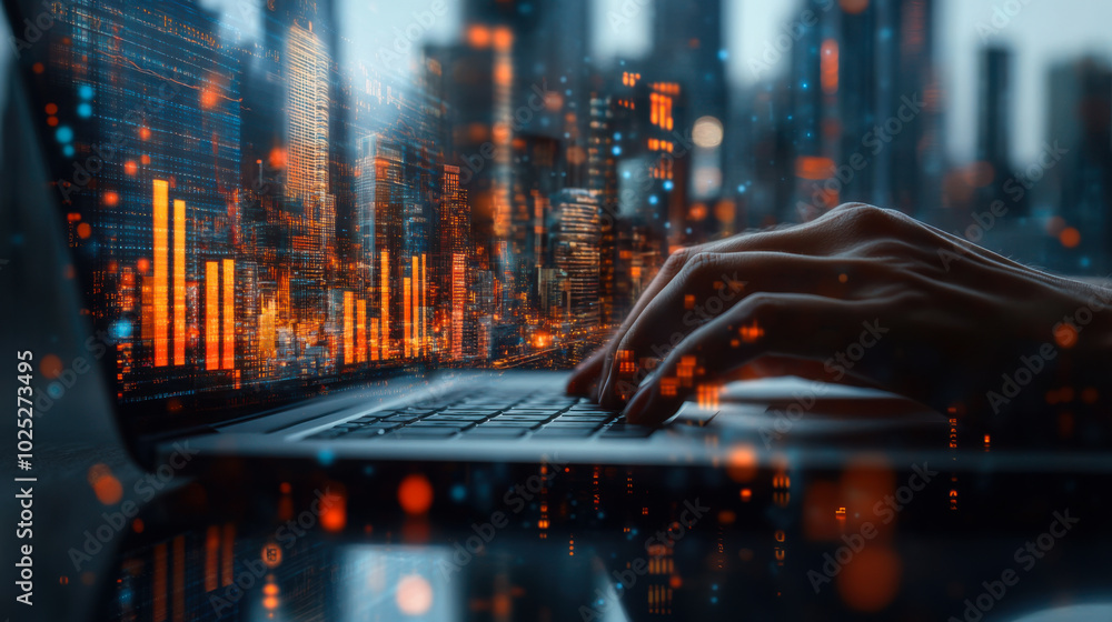 Poster hands typing on a laptop with digital data visualization in an urban setting during the day