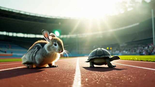 In a stadium, a rabbit and a turtle face off on a racing track, a playful twist on the classic race story, highlighting competition and friendship in a lively setting.