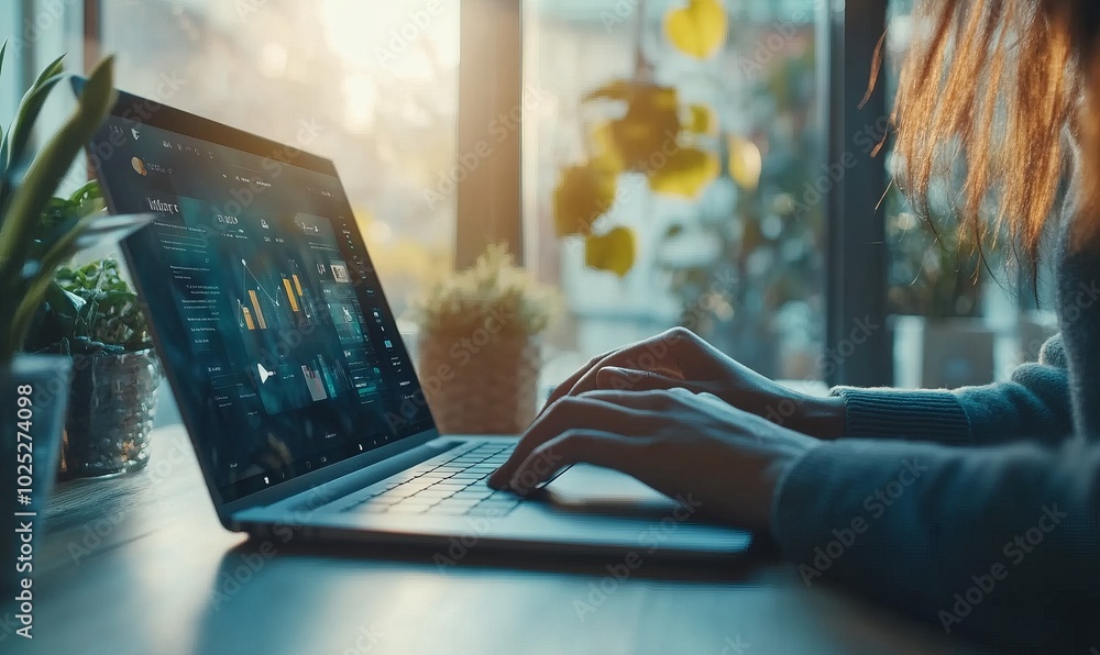 Poster digital marketer engaging in the creation of a social media ad while analyzing data on a laptop in a