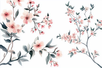 Aquarelle and line branches and blooming, isolated on white background