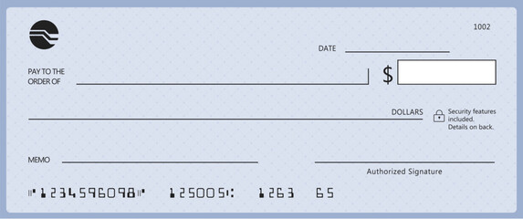 Blank bank check, checkbook cheque template with blue guilloche, vector mockup. Money payment bank check voucher or pay cash cheque certificate, account bill paycheck