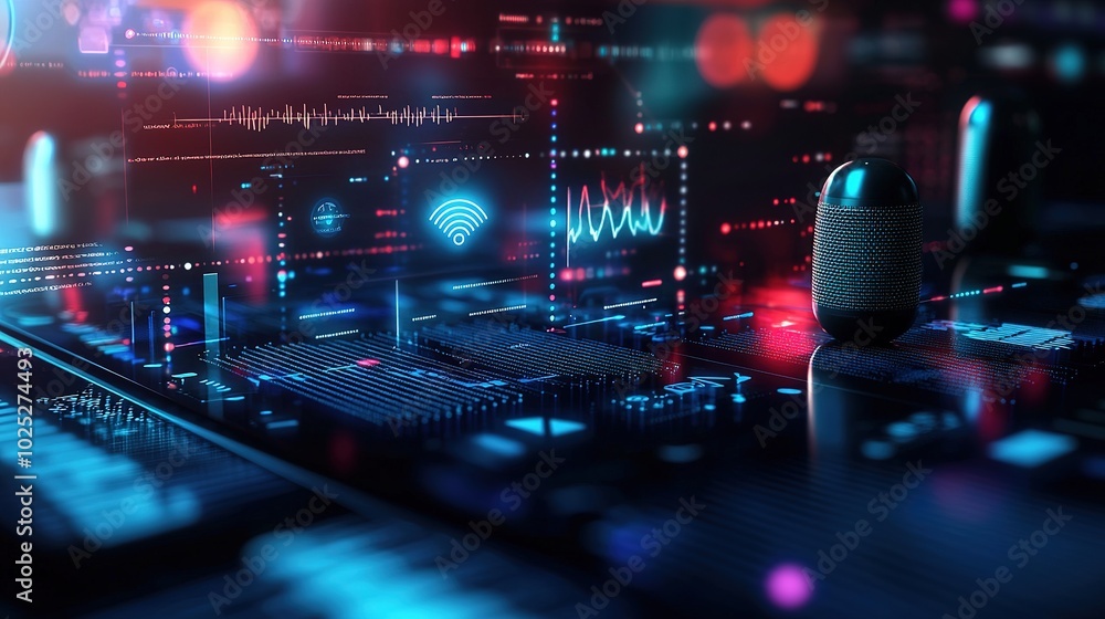 Poster a futuristic, abstract visualization highlighting data patterns, digital interfaces, and vibrant col