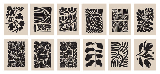 Botanical doodle background. Trendy abstract floral art vector set. Matisse style minimalist botanical shape. Modern boho flower, leaves doodle design for print, wallpaper, wall art, home decoration. 