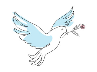 Continuous one line drawing of pigeon in flight with pink flower Isolated on white background. Dove of peace. Line art. Concept of freedom, hope, Peace Symbol, Design element, Icon, Print