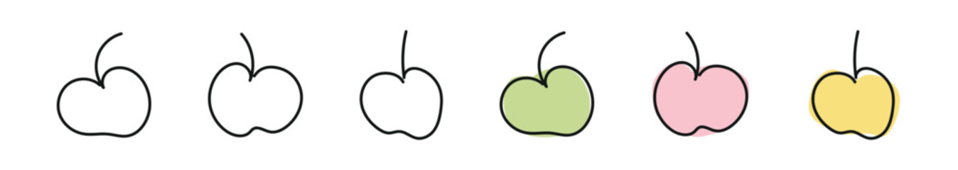 Set of apples isolated on a white background. Includes black outline, continuous one line drawing and colored versions. Whole fruit. Line art. Design element, print, icon. Concept of healthy dessert