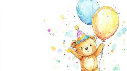   Watercolor  bear with star-shaped balloons in party hat