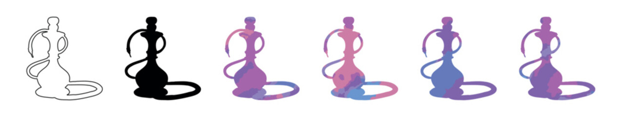 Hookah set, black silhouette, outline, and colored versions. Isolated on a white background. Flat design. Concept of smoking culture, hookah design, lifestyle, and shisha. Design elements
