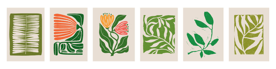 Botanical doodle background. Trendy abstract floral art vector set. Matisse style minimalist botanical shape. Modern boho flower, leaves doodle design for print, wallpaper, wall art, home decoration. 
