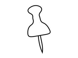 Black Outline of a Pushpin Isolated on White Background. Concept of Office Supplies, Minimalist Design, Stationery, Simple Icon, thumbtack. Print. Design element for school or office use