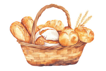 A woven basket filled with assorted freshly baked breads, isolated on a white background. transparent background
