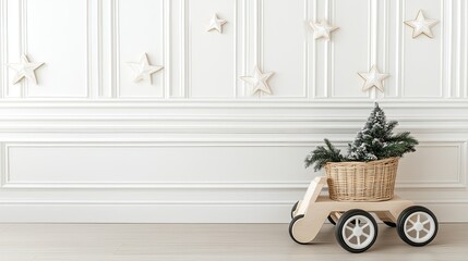 A beautifully decorated staircase combines white wooden stars and lush greenery, while an empty basket holds small trees and candles, enhancing the minimalist Christmas vibe