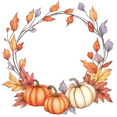 Autumn wreath with pumpkins and colorful leaves, white isolate background. transparent background