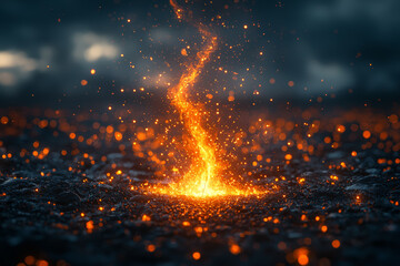 A spark igniting a fire that spreads across a vast landscape, symbolizing the creation of something powerful from a small beginning. Concept of growth.
