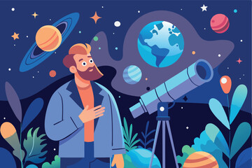 Male astronomer observes objects in night sky through telescope. Vector flat illustration
