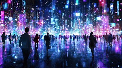 A vibrant, futuristic cityscape illuminated by colorful lights and silhouettes of people walking through a digital landscape.