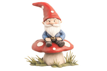 Cheerful gnome sitting on a large mushroom in a whimsical garden scene. transparent background