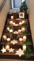 A beautifully decorated staircase combines white wooden stars and lush greenery, while an empty basket holds small trees and candles, enhancing the minimalist Christmas vibe