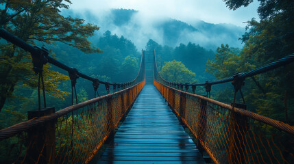Obraz premium A scenic view of a suspension bridge surrounded by misty mountains in the early morning light