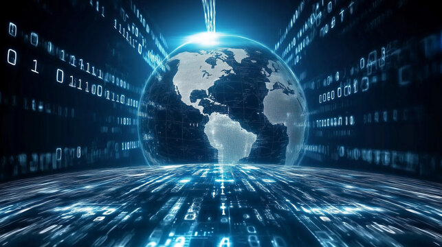Digital Globe with glowing binary code in a futuristic world.