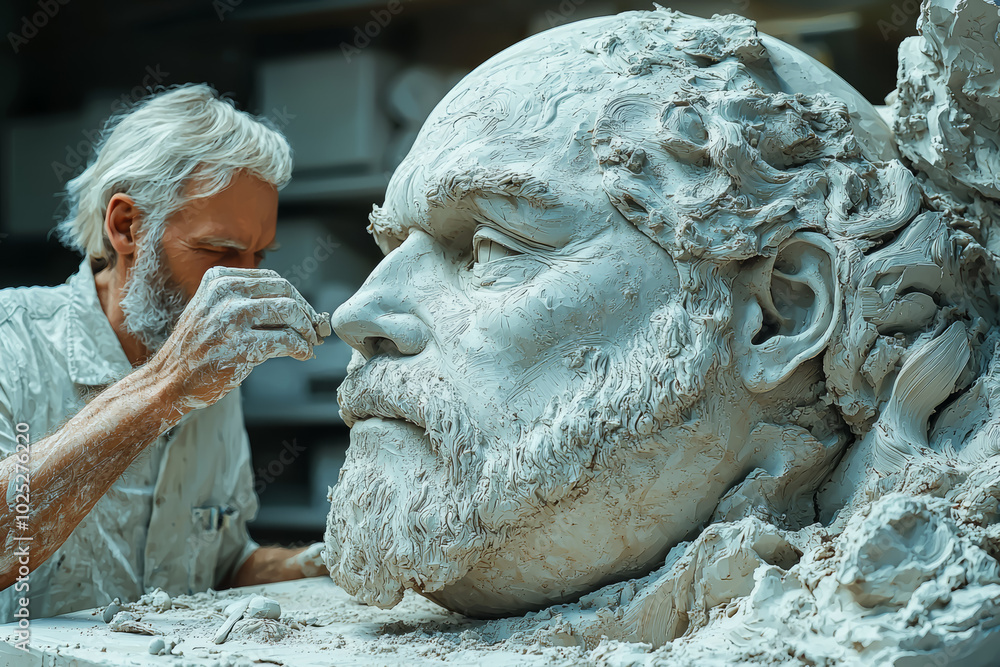 Poster a sculptor forming a planet from clay, symbolizing the creation of worlds. concept of creationism.