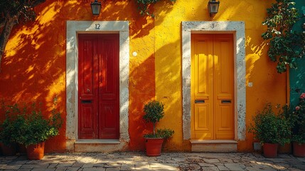   A building with two doors and plants on either side