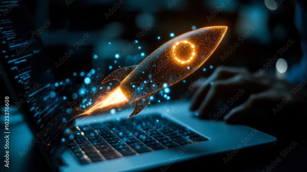 Poster digital rocket launching from laptop while someone types code in a darkened environment filled with 