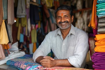 Happy cloth merchant sits at counter in traditional Indian clothing store. Man looks at camera with warm smile. Colourful clothing items on table, including shirts, pants, skirts. Vibrant atmosphere