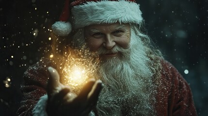 Smiling Santa holding magical glowing sparkles. AI generated image