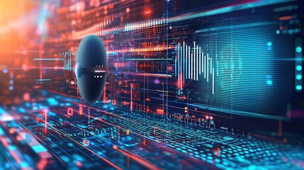 A digital abstract image featuring a fingerprint overlaid on data visuals, illustrating themes of security, identity, and technology.