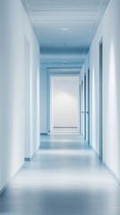 A well-lit, minimalist hallway stretches ahead with smooth floors and neutral-colored walls, creating a calming atmosphere and inviting exploration