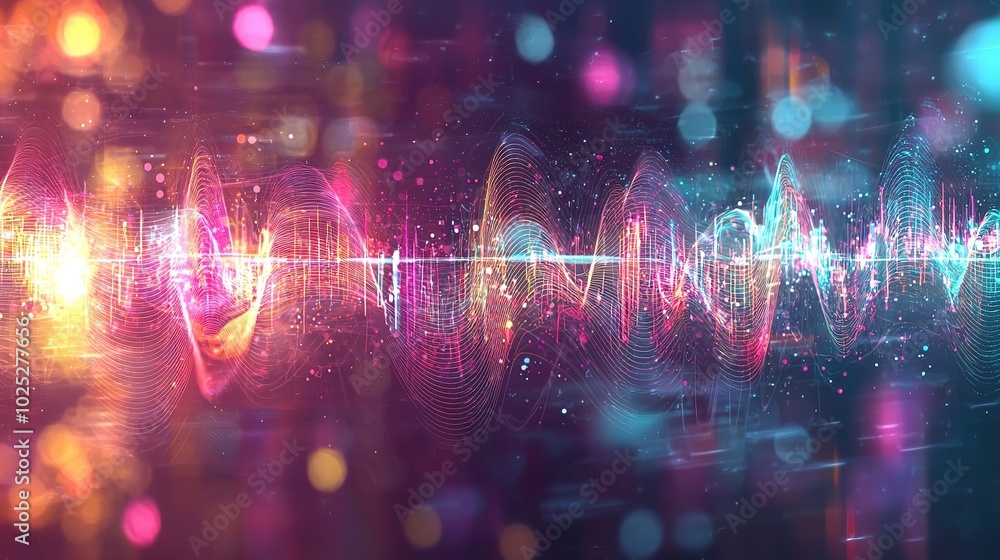 Poster a vibrant, abstract representation of sound waves with glowing colors and dynamic patterns, symboliz