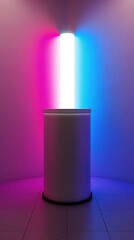 A white cylinder sits in a room with pink and blue lighting. AI.