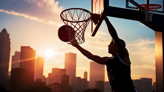Basketball Player Dunking Against Vibrant City Sunset Skyline