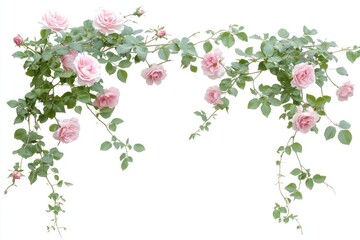 Fototapeta premium Delicate Pink Roses with Green Leaves on White Background
