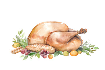 Roasted turkey surrounded by fresh fruits and vegetables, white isolate background transparent background