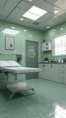 A sterile and well-lit examination room with a medical table, cabinets, and plants. AI.