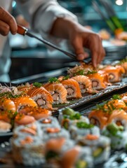 A close-up of a variety of sushi rolls. AI.