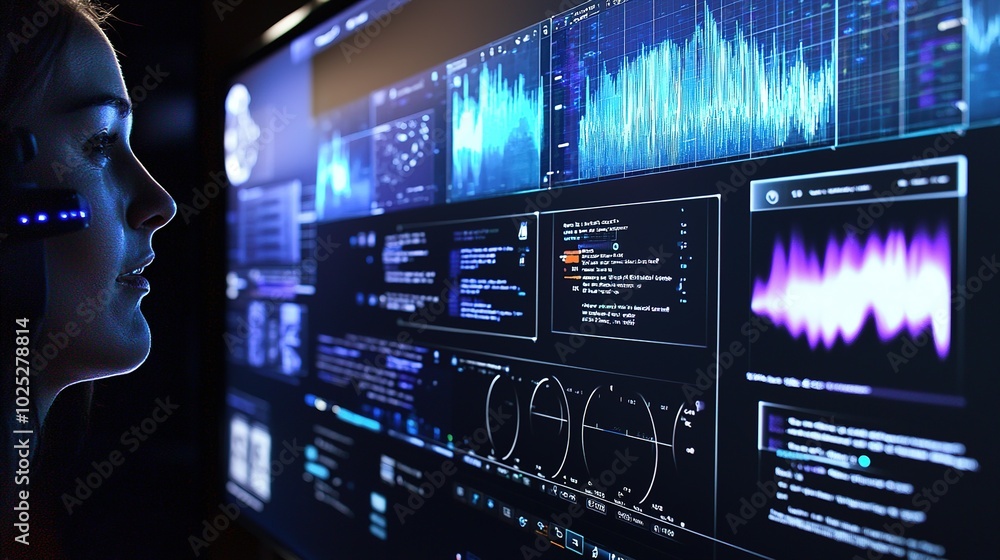 Poster a woman analyzes data displayed on a futuristic screen, showcasing wave patterns and digital informa