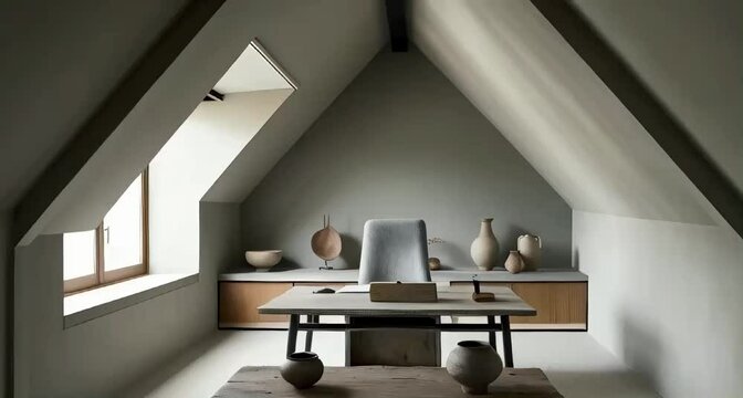 In a small, slanted ceiling room, a modern office designed in the wabi sabi style emerges