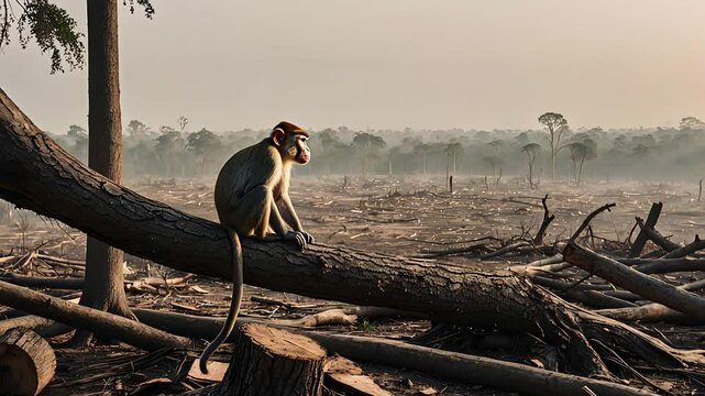Monkey Sitting on Fallen Tree Amid Deforested Landscape