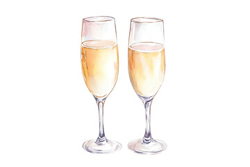 Two elegant champagne flutes filled with bubbly drink, white isolated background. transparent background