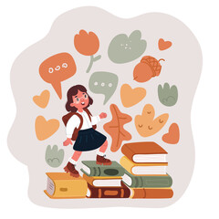 Cartoon vector illustration of a girl stepping up the stairs made of books