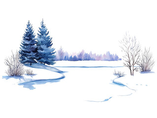 Fototapeta premium Winter landscape with snow-covered trees and a serene frozen pond. transparent background