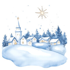 Winter village scene with snow, trees, and starry sky, white isolated background. transparent background