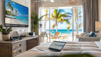 Luxury Resort Website Design Displayed on Tablet and TV in Tropical Hotel Room for Seamless Booking Experience