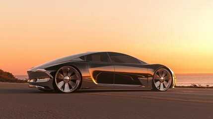 Obraz premium Futuristic Luxury EV Concept Car on Coastal Road at Sunset 3D Render Illustration